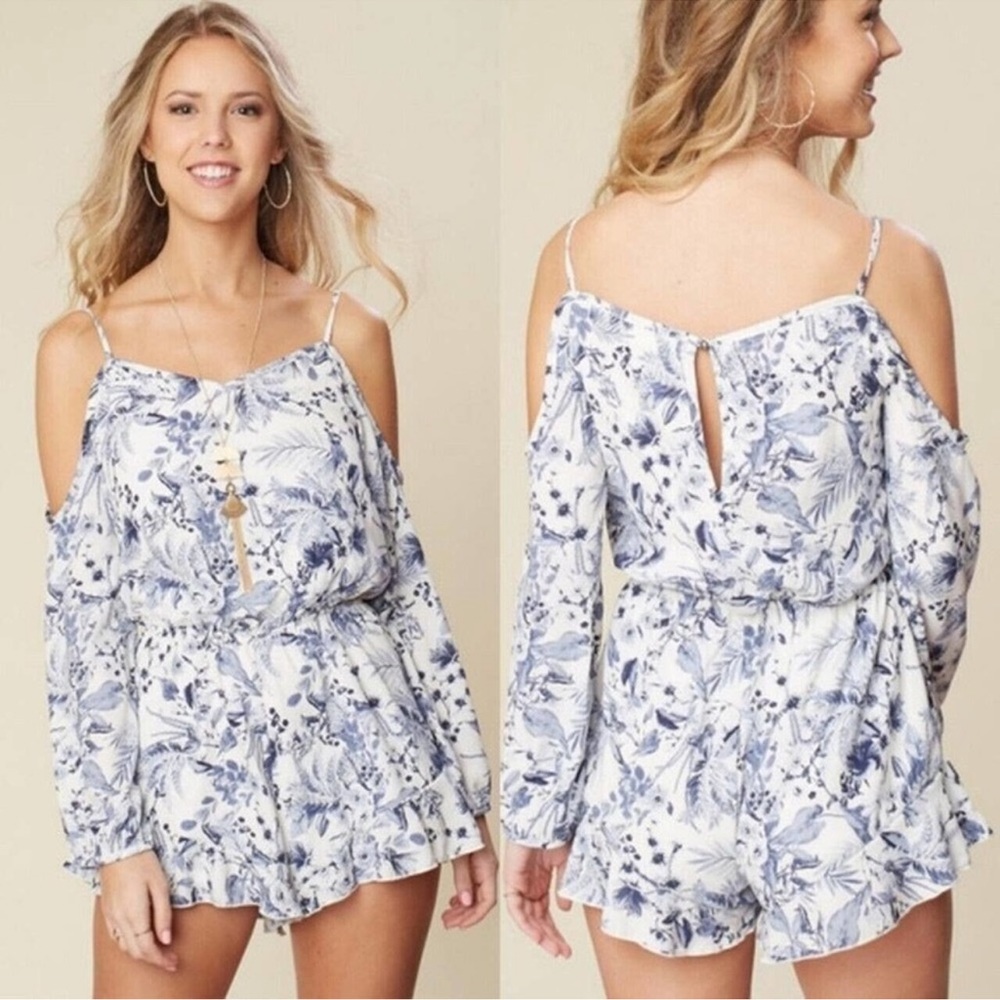 Altar’d State Cold Shoulder Romper Blue White Floral Ruffle Trim Shorts Medium